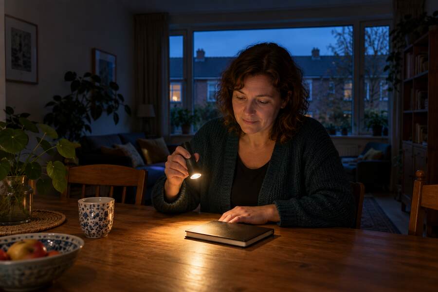 AI-sfeerbeeld van een vrouw met een zaklamp aan tafel in een donkere woonkamer